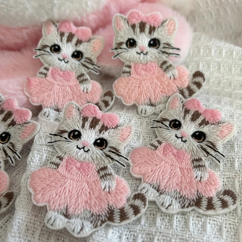 Pink Bow Cat Iron-On & Self-Adhesive Embroidery Patch Iron-On Embroidery Patch Qme