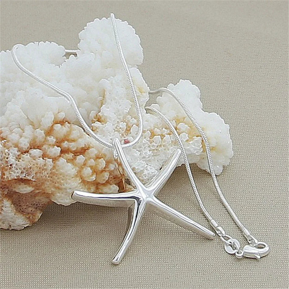 925 Sterling Silver Star & Starfish Charm Necklace | Qme Sterling Silver Necklace Qme Silver 40cm