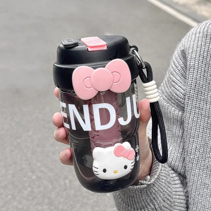 Hello Kitty Water Bottle with Straw – Durable Plastic Cup Character Water Bottle Qme 1 580ml