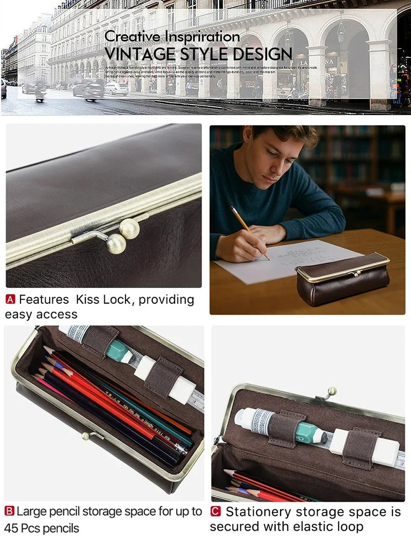 Handmade Vintage Leather Pencil Case | Retro Desk Storage Box Leather Pencil Case Qme
