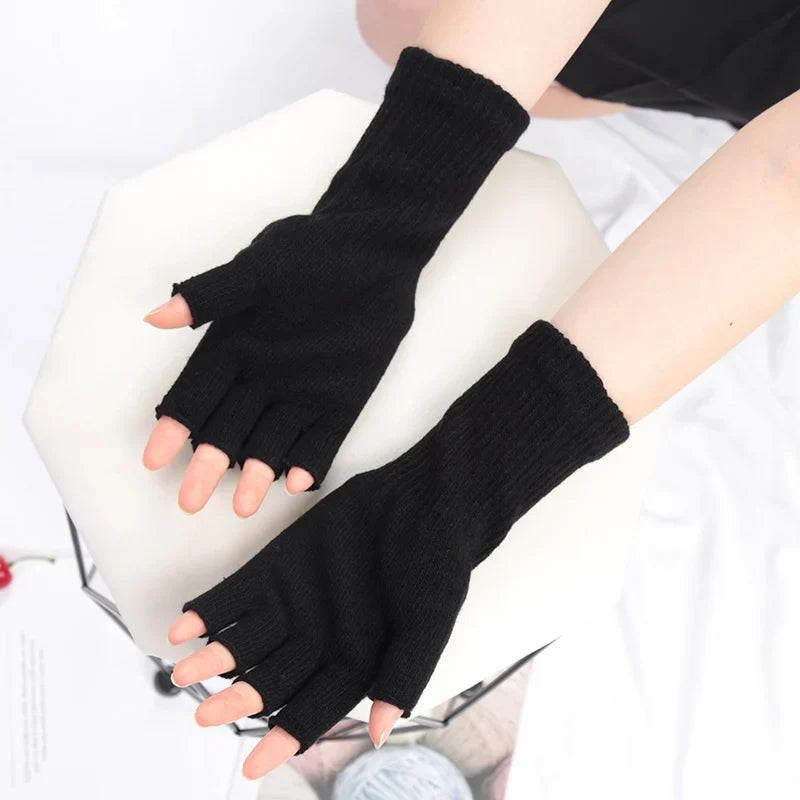 Long Fingerless Knitted Gloves – Black Unisex Arm Warmers Fingerless Arm Warmers Qme