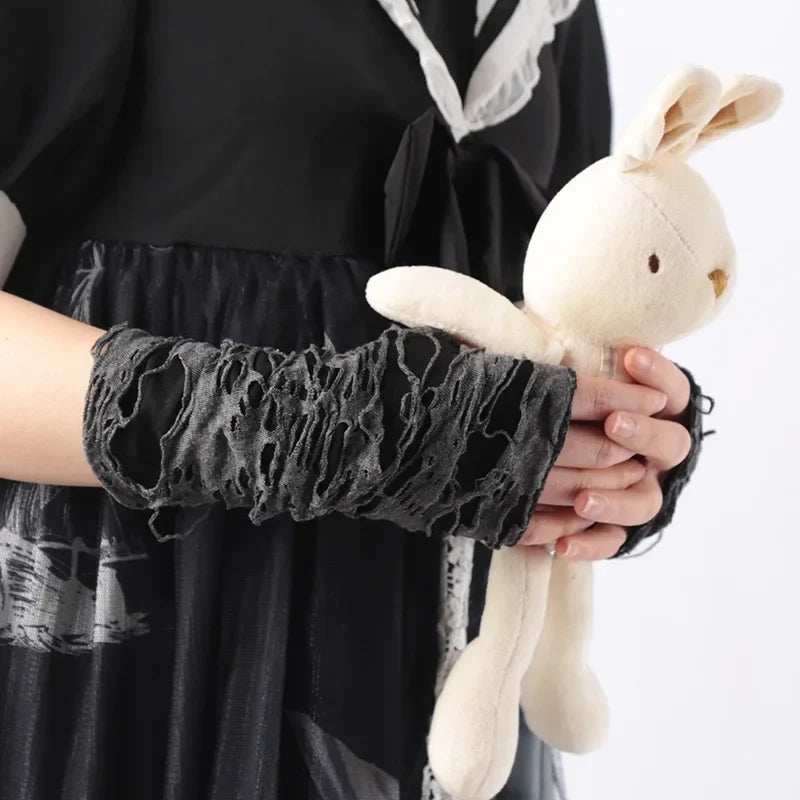 Punk Gothic Black Fingerless Gloves – Ripped Slit Unisex Fingerless Gloves Qme