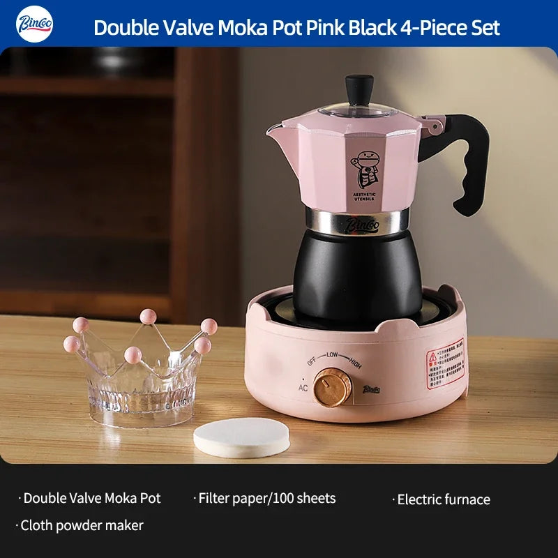 Bincoo Double Valve Moka Pot Espresso Maker 220V – Barista Stovetop Espresso Maker Qst 4pcs set