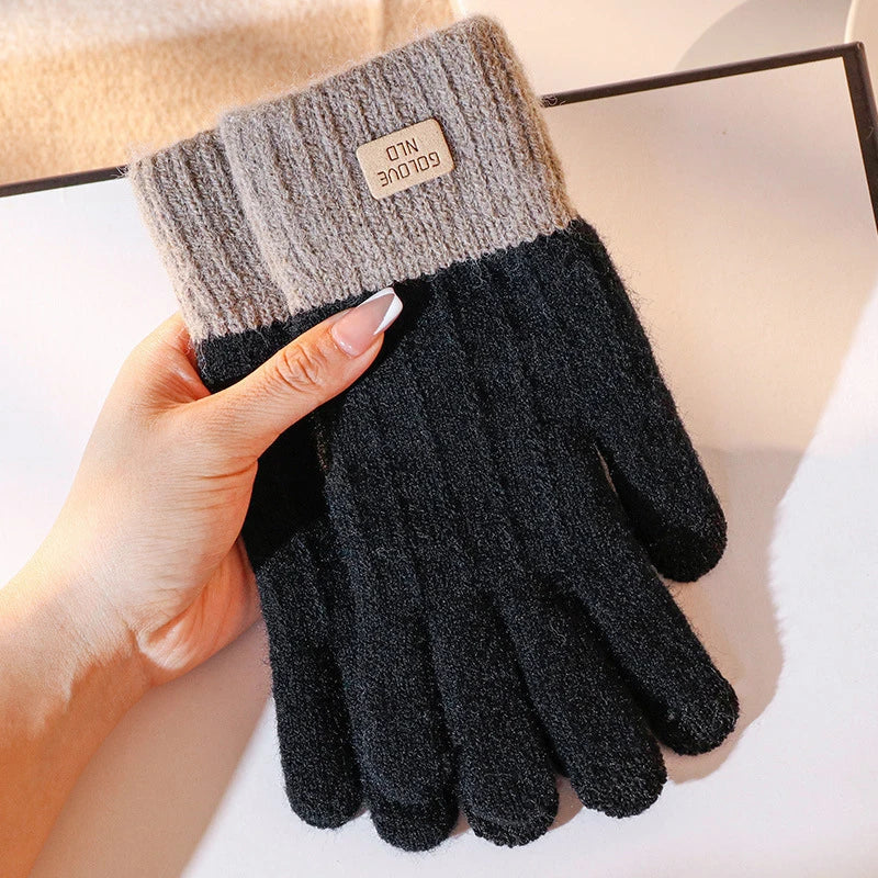 Women's Thick Plush Knitted Touchscreen Winter Gloves Winter Knitted Gloves Qst Black