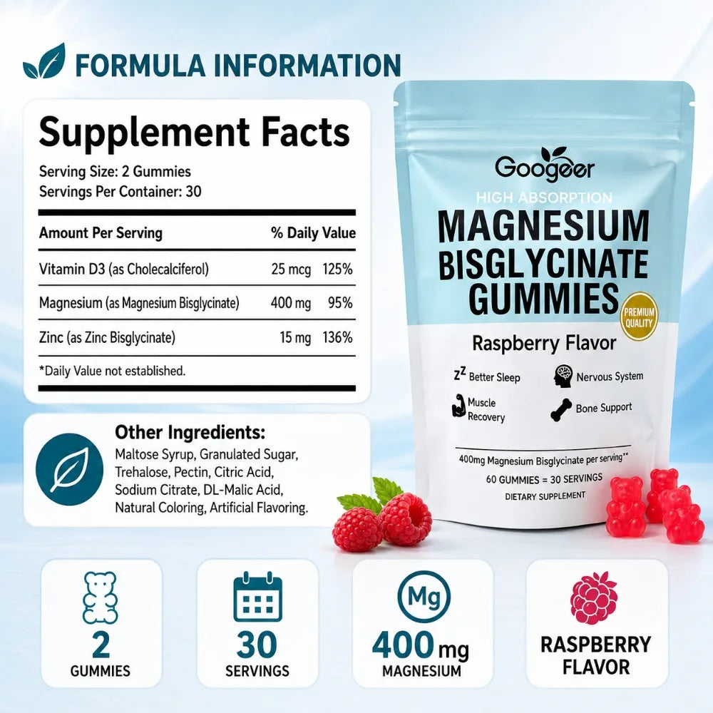 Magnesium Bisglycinate Gummies 400mg + Vitamin D3 & Zinc – 60ct Magnesium Supplement Qst