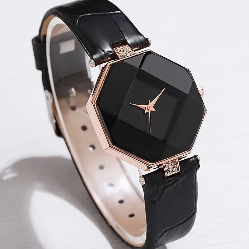 Women's Polygon Quartz Watch PU Leather Heart Bracelet Bracelet Watch Qme