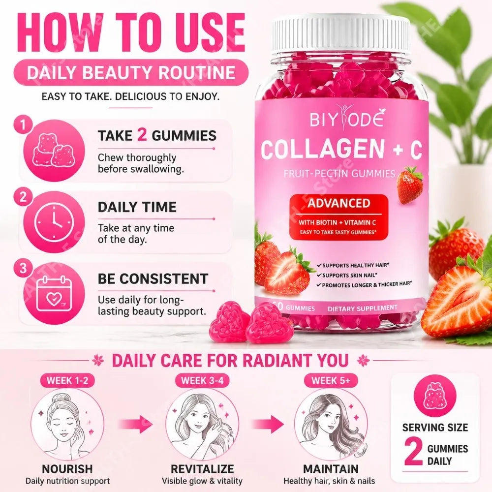 BIYODE Collagen + C Gummies with Vitamin C – 60ct | Hair Skin Nails Collagen Gummies Qst