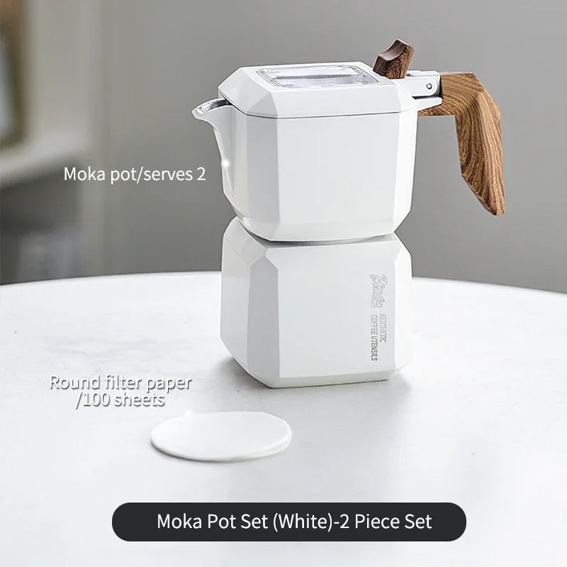 Bincoo Dual Valve Moka Pot Set with Hand Grinder & Filters Moka Pot Coffee Set Qst White