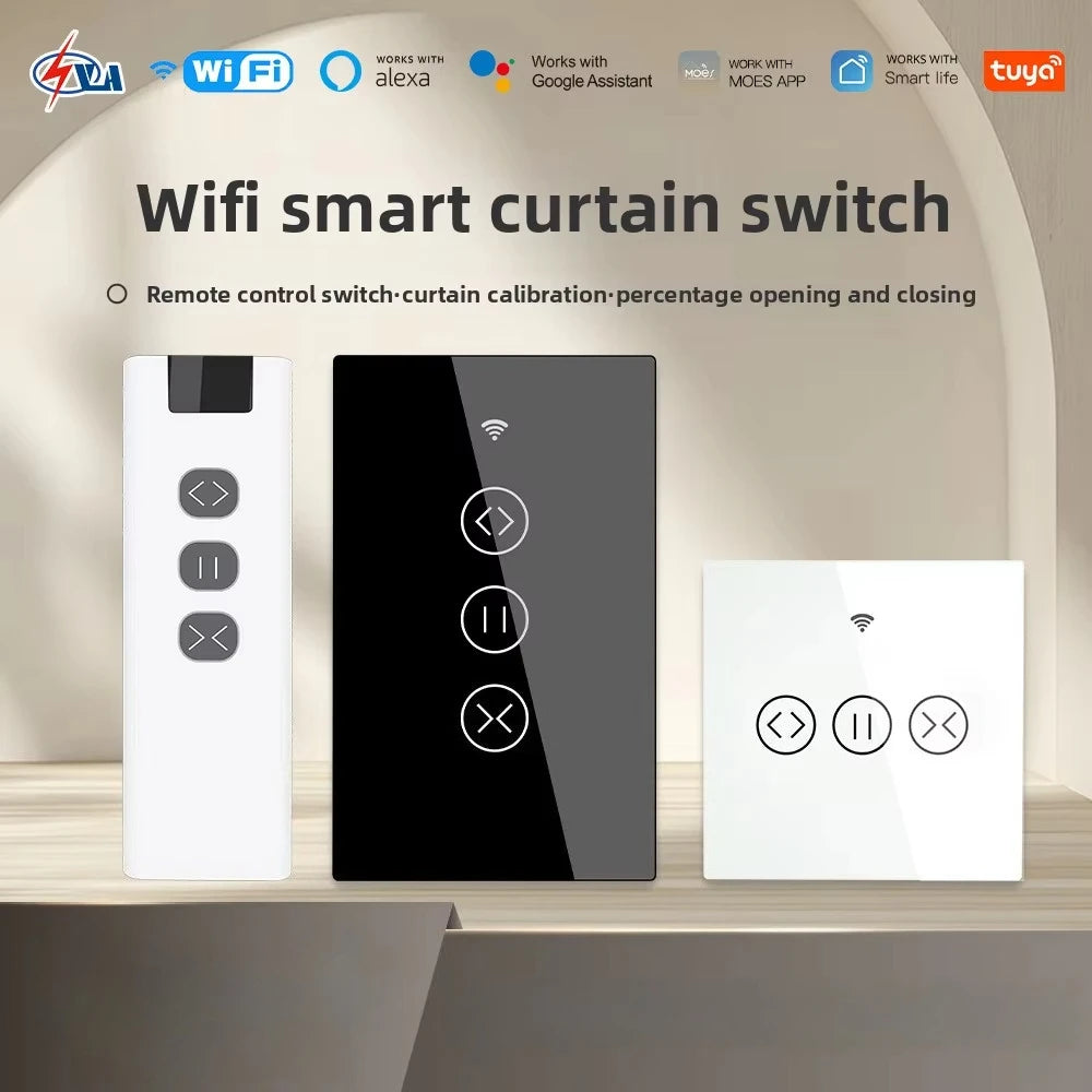 WiFi Smart Curtain Switch – Tuya App Control, Tempered Glass Smart Curtain Switch Qst