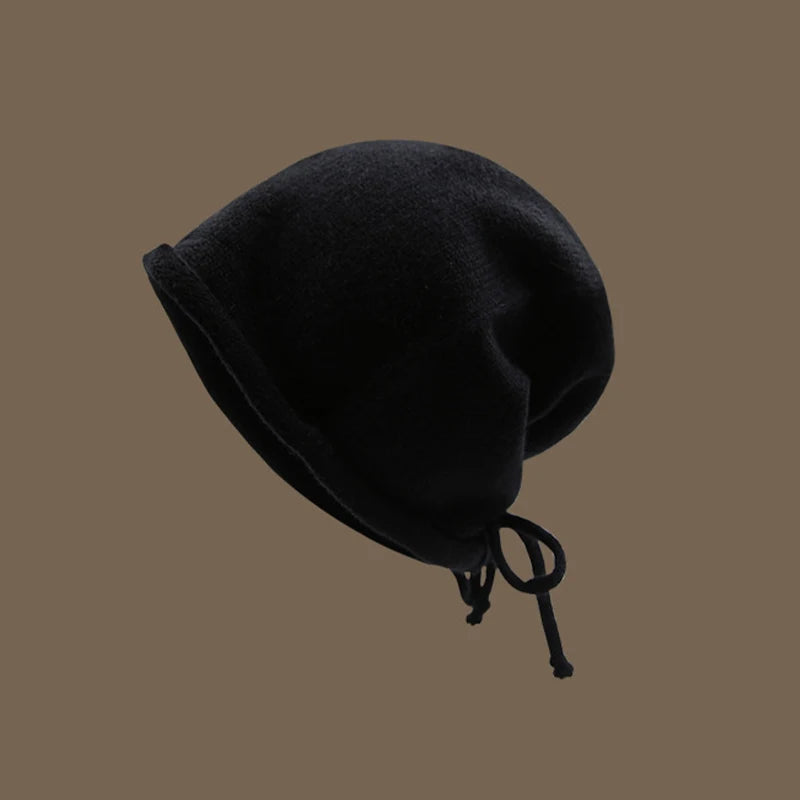Women's Knitted Drawstring Beanie – Warm Pile Hat Curled Brim Knitted Winter Beanie Qst Black