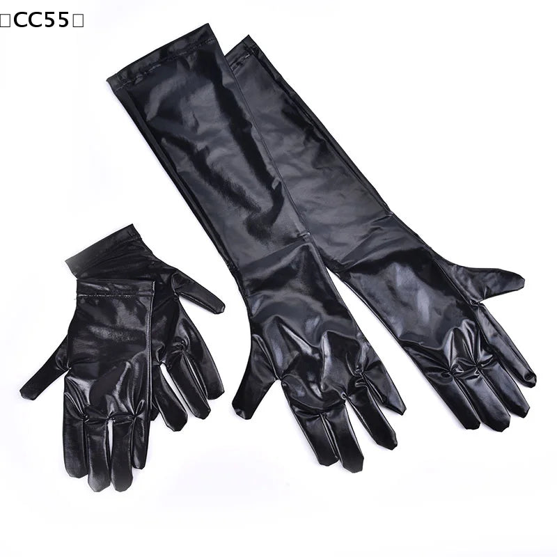 Metallic PU Leather Long Gloves – Punk Cosplay Dance Accessory Costume Gloves Qst