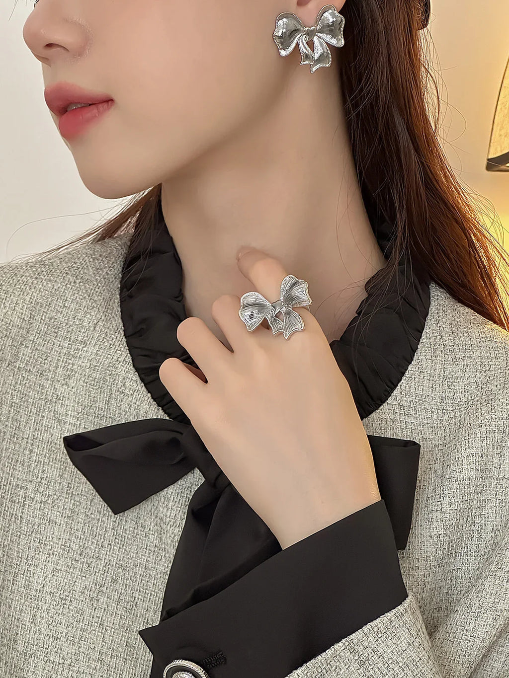 Silver Bow Knot Statement Ring for Women – Korean Style Statement Ring Qme