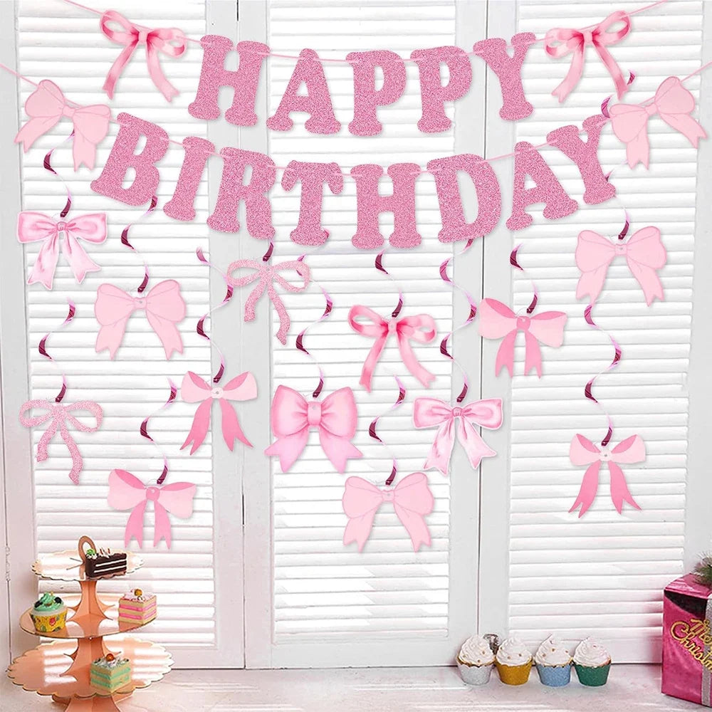 Bow Happy Birthday Banner & Flag Party Decoration Set Birthday Party Banner Qme