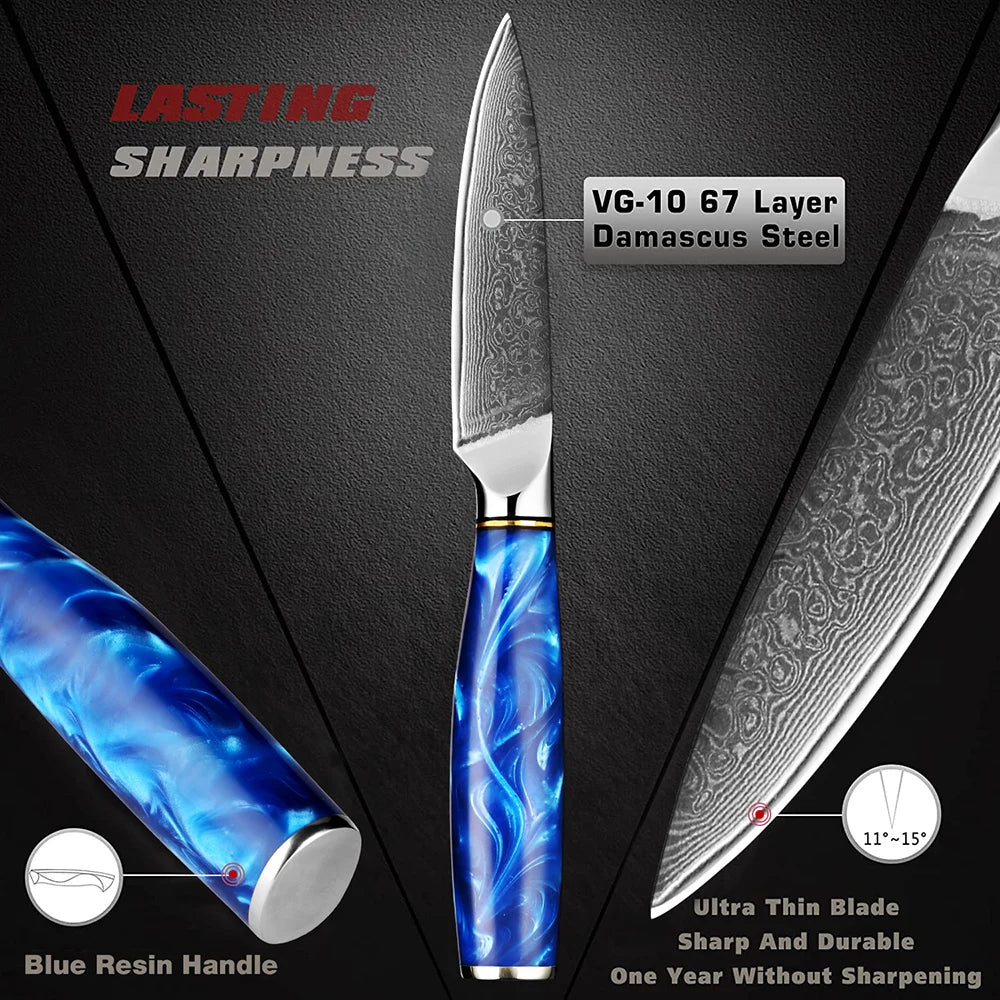 XITUO Damascus Steel 3.5" Paring Knife – Blue Resin Handle Damascus Paring Knife Qst