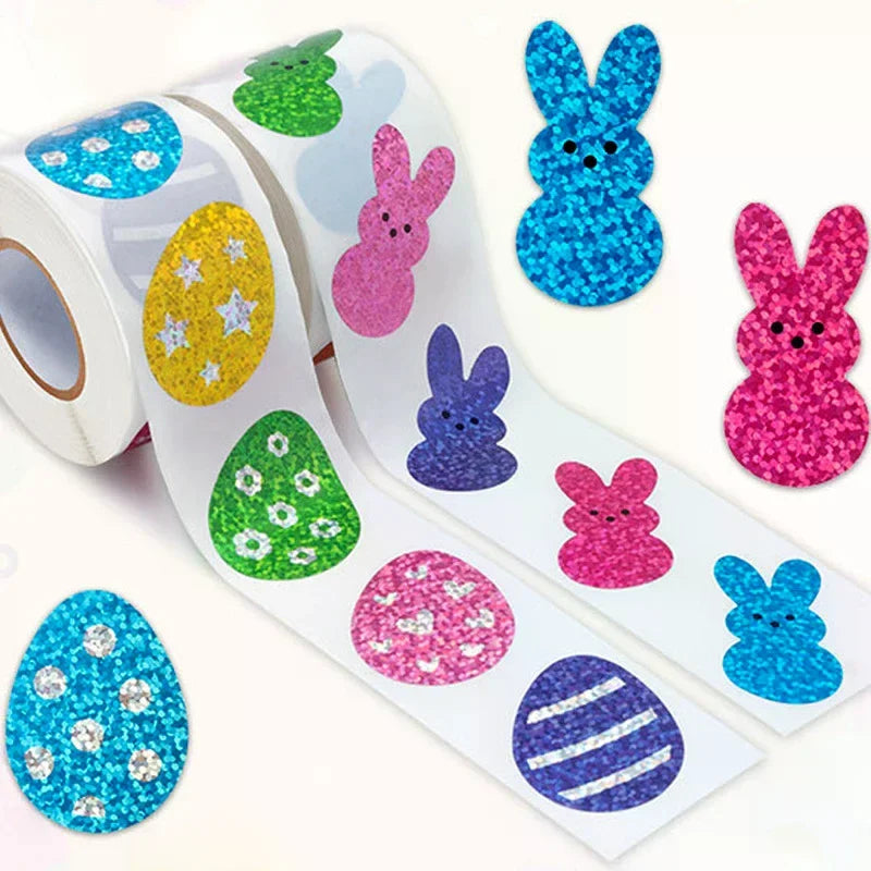 Holographic Easter Bunny & Carrot Stickers Roll – Waterproof Holiday Party Stickers Qme