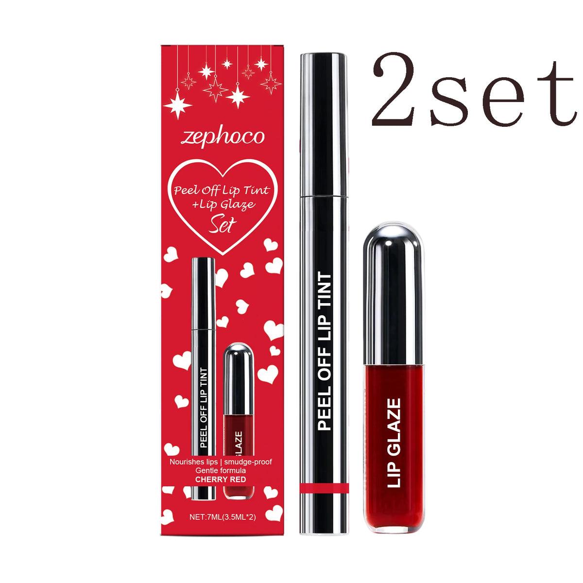 Cherry Red Lip Set – Peel-Off Lip Liner & Moisturizing Gloss Lip Makeup Set Qst 2set