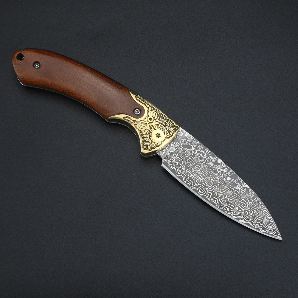 XUANFENG Damascus Steel Brass Skeleton Folding Pocket Knife Folding Pocket Knife Qst