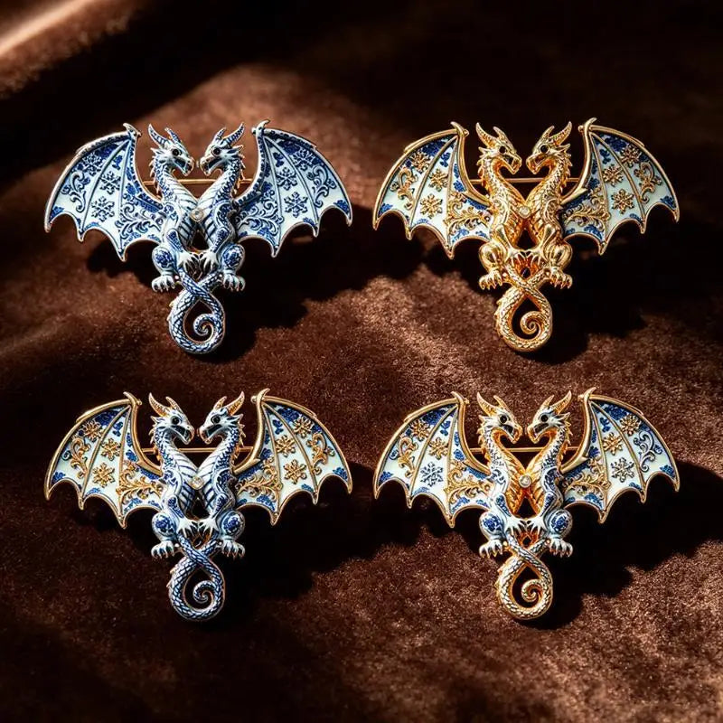 Double-Headed Dragon Brooch | Blue & White Enamel Lapel Pin Enamel Lapel Pin Qme