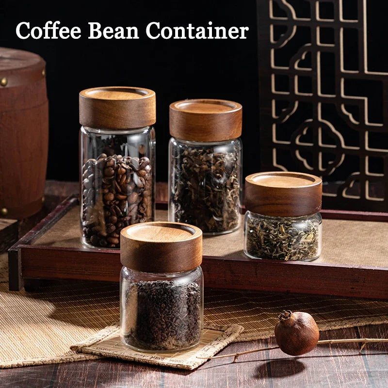 Glass Coffee Bean Storage Tube with Wooden Lid | 100–300ML Glass Storage Canister Qme