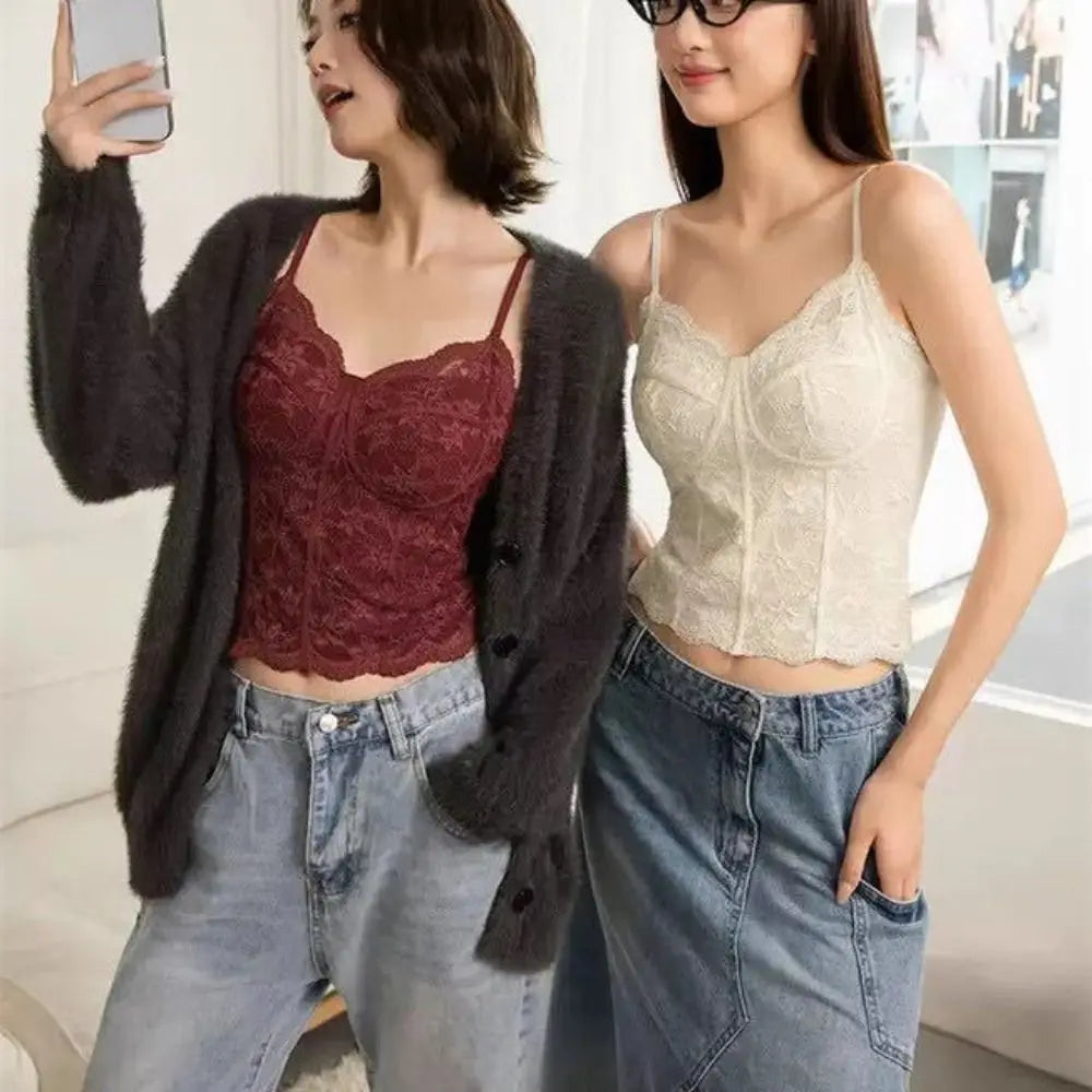 Women's Mesh Floral Lace Crop Vest Top | Slim Fit Summer Cami Lace Crop Camisole Qme