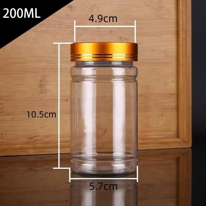 Transparent Plastic Jars with Metal Caps – Set of 5 Sealed Food Storage Jars Qme 200ml Gold lid 5 pcs