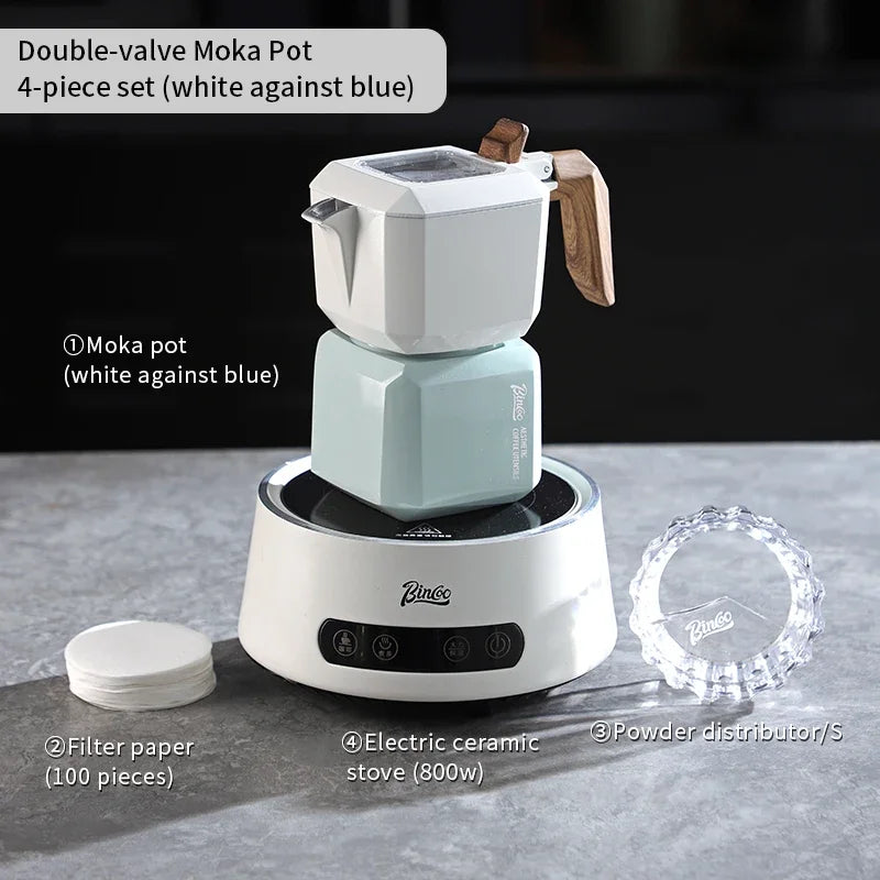 Bincoo Dual Valve Square Moka Pot – Aluminum Coffee Maker Stovetop Moka Pot Qst White Blue 4pcs