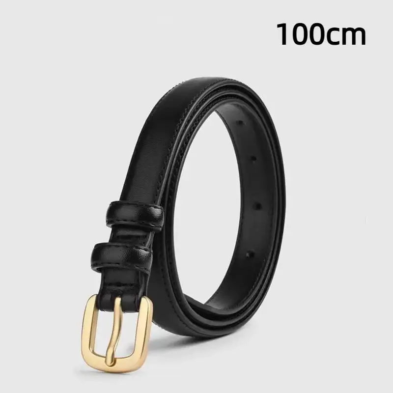 Women's 2cm PU Leather Belt – Slim Metal Buckle Western Style Women's Belt Qst Black1