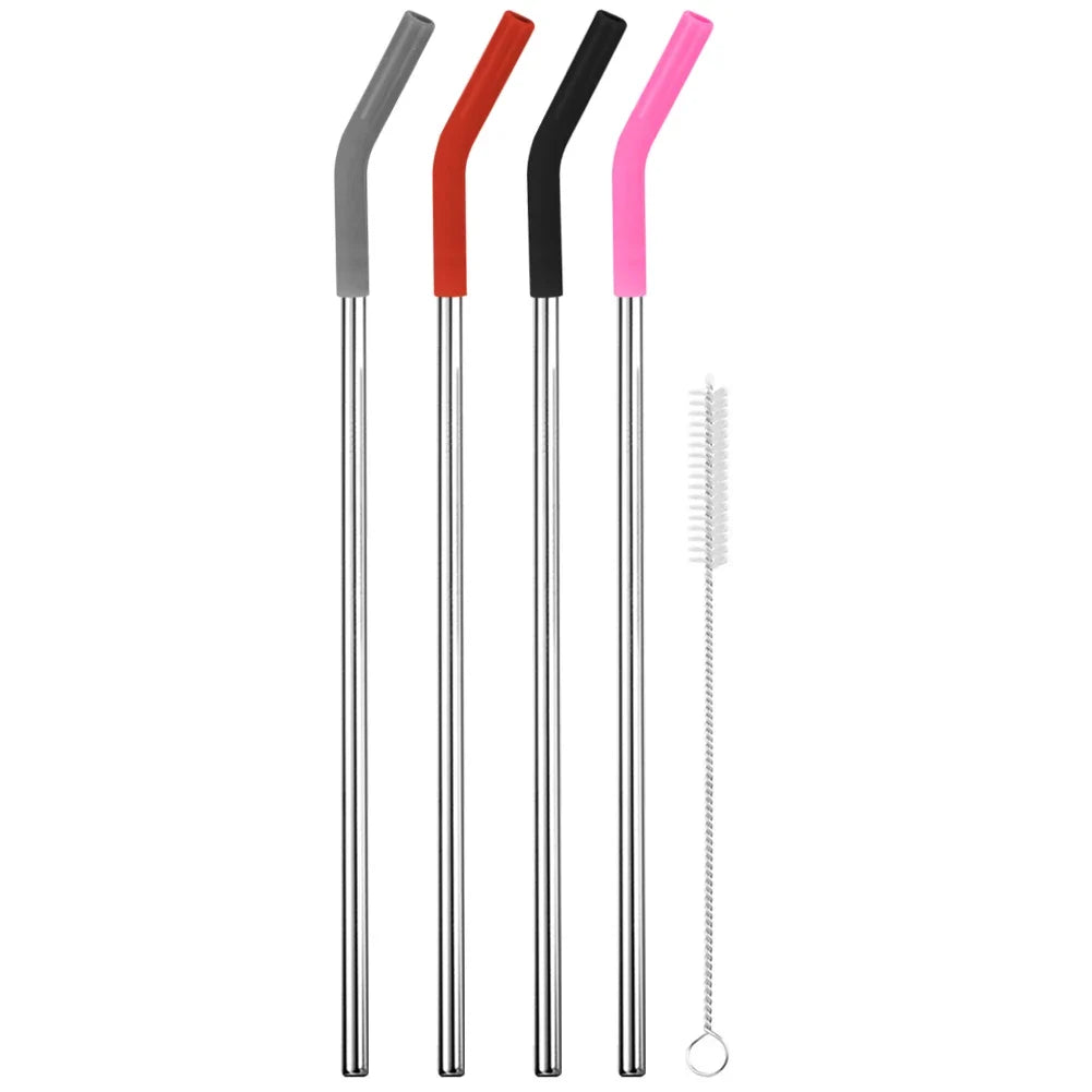 Stainless Steel Straws Silicone Tips & Cleaning Brush – 4pcs Set Reusable Metal Straws Qme Multicolor 4PCS