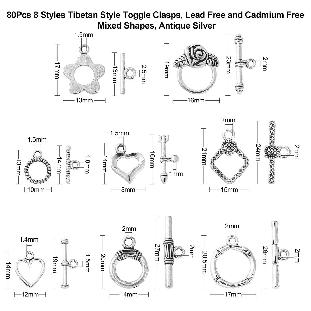 80-Set Tibetan Toggle Clasps Antique Silver – 8 Vintage Styles Jewelry Toggle Clasps Qme
