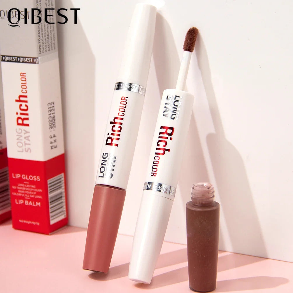 Double Head Matte Liquid Lipstick & Gloss – Waterproof, 5 Shades Liquid Lipstick Duo Qme