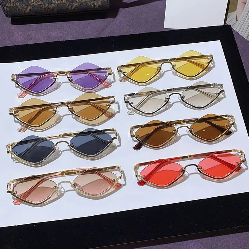 Women's Metal Half Frame Diamond Sunglasses – 8 Lens Colors Fashion Sunglasses Qme