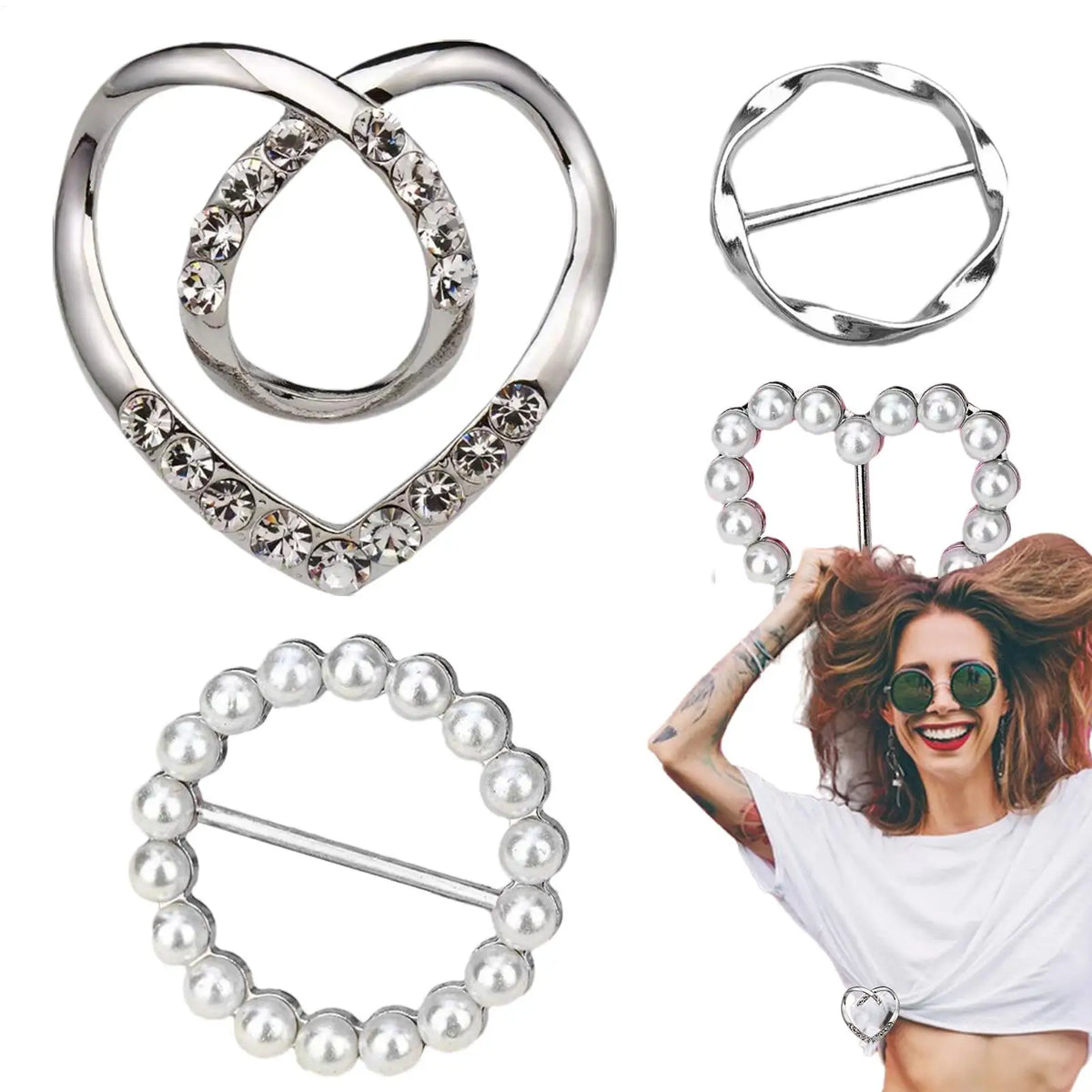 Women's T-Shirt Heart Rhinestone Clothing Clips Ring Wrap Clothing Clip Set Qme