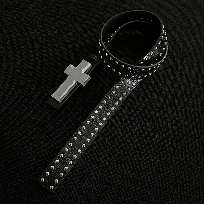 Gothic Punk Crackle Studded Metal Cross Belt for Women Gothic Studded Belt Qst
