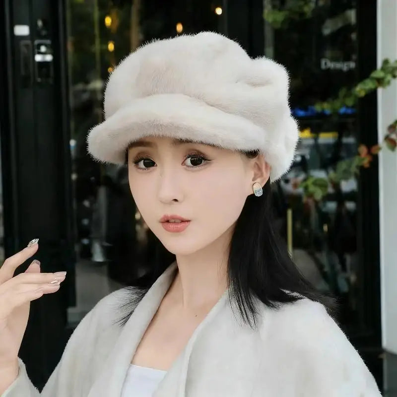 Women's Faux Mink Beret – Warm Solid Color Peaked Cap Women's Beret Hat Qst A1