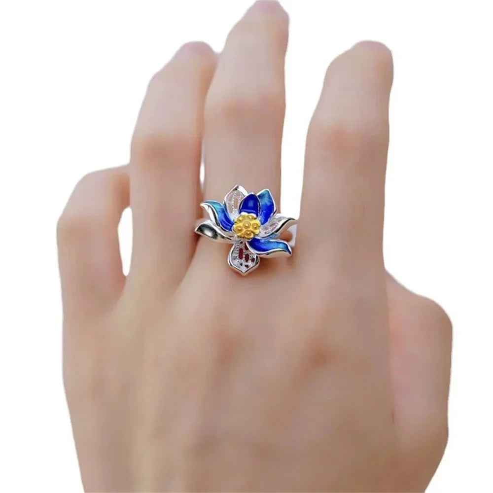 Retro Blue Enamel Lotus Ring – Adjustable Ethnic Minimalist Enamel Fashion Ring Qme