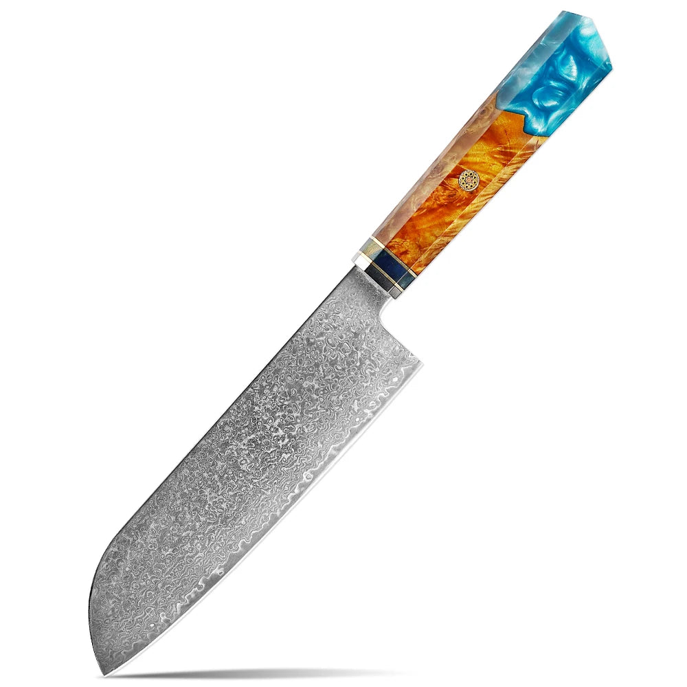XITUO Damascus Steel Chef Knife Set – Sea Blue Resin Handle Chef Knife Set Qst Santoku Knife