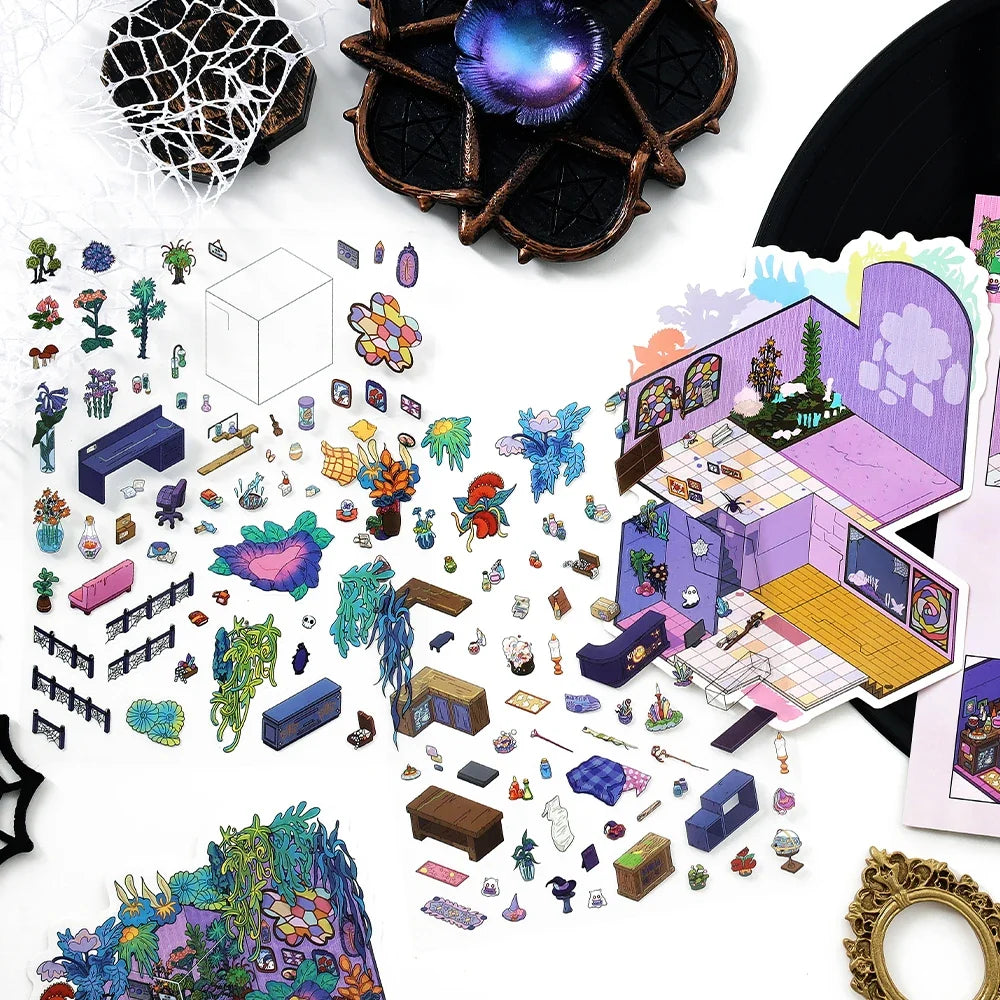 Fantasy House Miniature Scene Stickers – 3 Sheets, 5 Colors Decorative Craft Stickers Qme