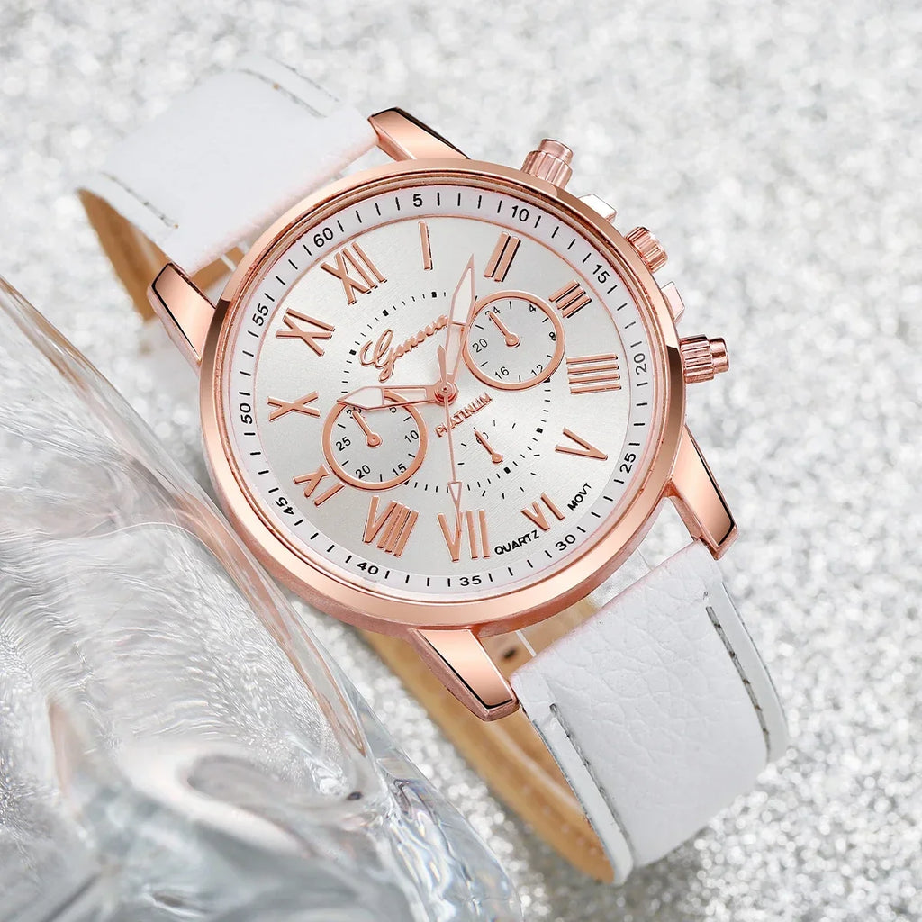 Rose Gold Ladies Chronograph Watch | White Leather & CZ Ladies Fashion Watch Qme