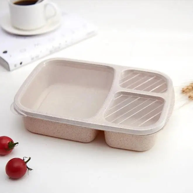 Wheat Straw Lunch Box 3-Grid Microwave Safe | Portable Lunch Box Qme Beige 1Pcs