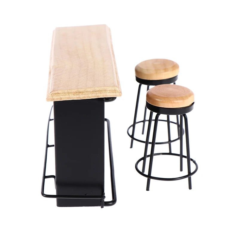 1:12 Dollhouse Miniature Bar Counter & Stool Set – 3 Pcs Dollhouse Furniture Set Qst