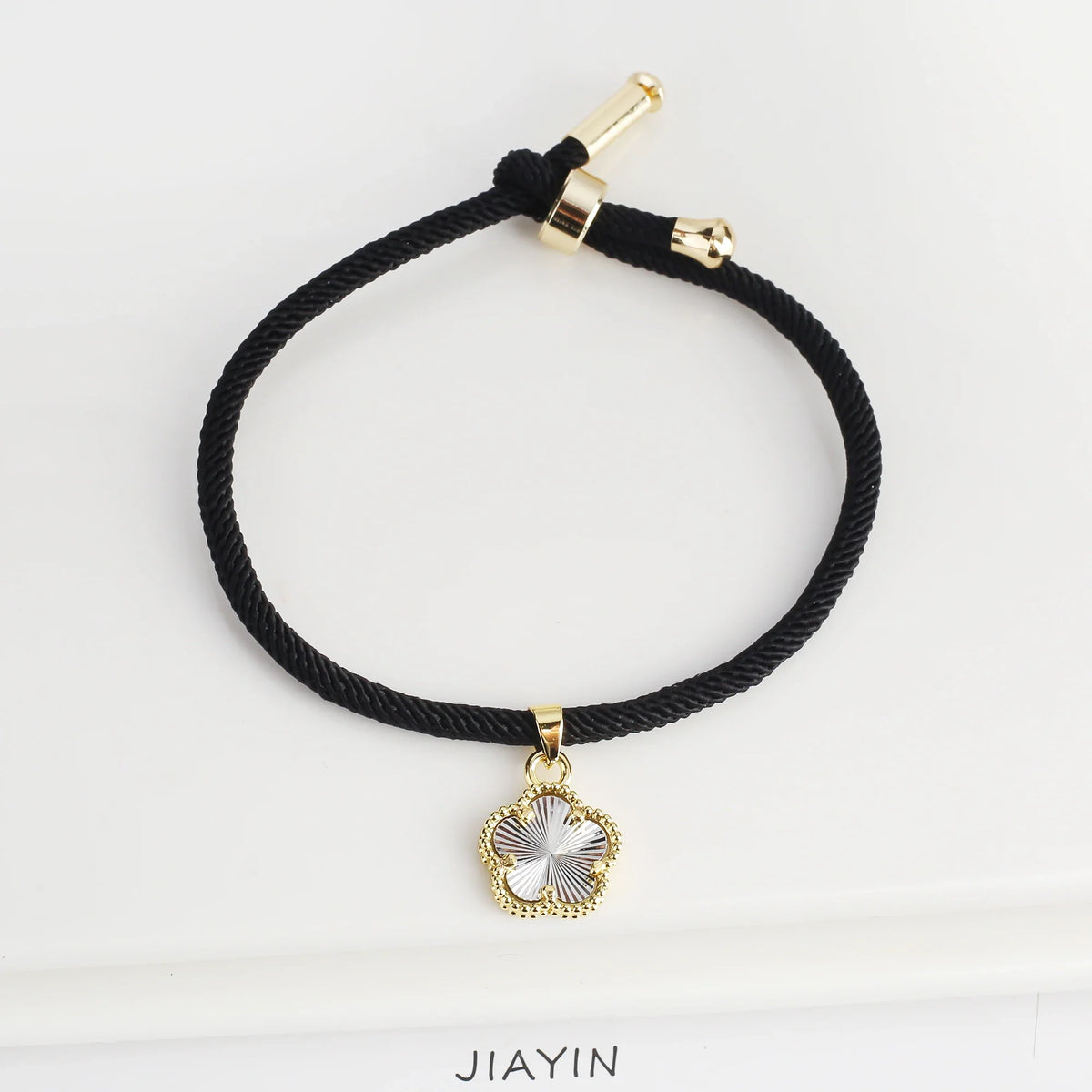 Black Rope Braided Natural Stone Five Leaf Flower Bracelet Stone Flower Bracelet Qme Silver