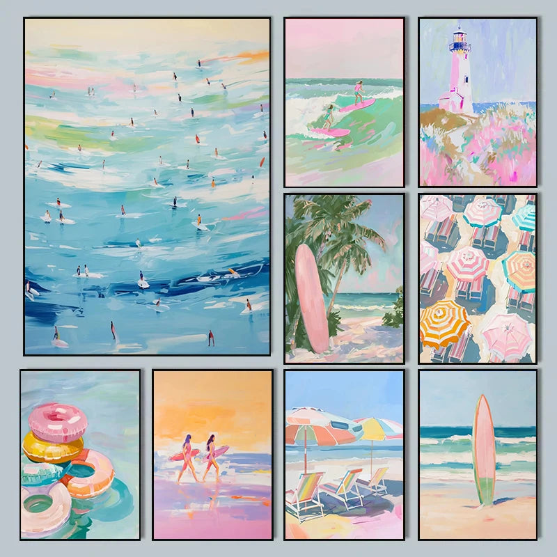 Pink Ocean Waves Seascape Canvas Wall Art – Beach Poster Canvas Wall Art Qst