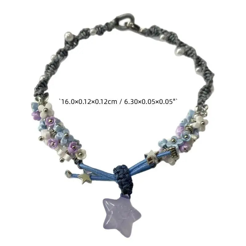 Blue Flower Braided Bracelet – Star Butterfly & Faux Pearl Braided Charm Bracelet Qme