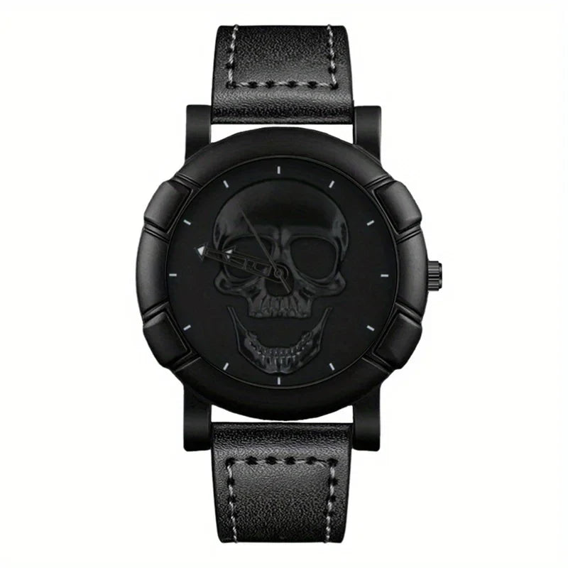 Skull Pattern Round Quartz Watch – PU Leather Strap Quartz Fashion Watch Qme