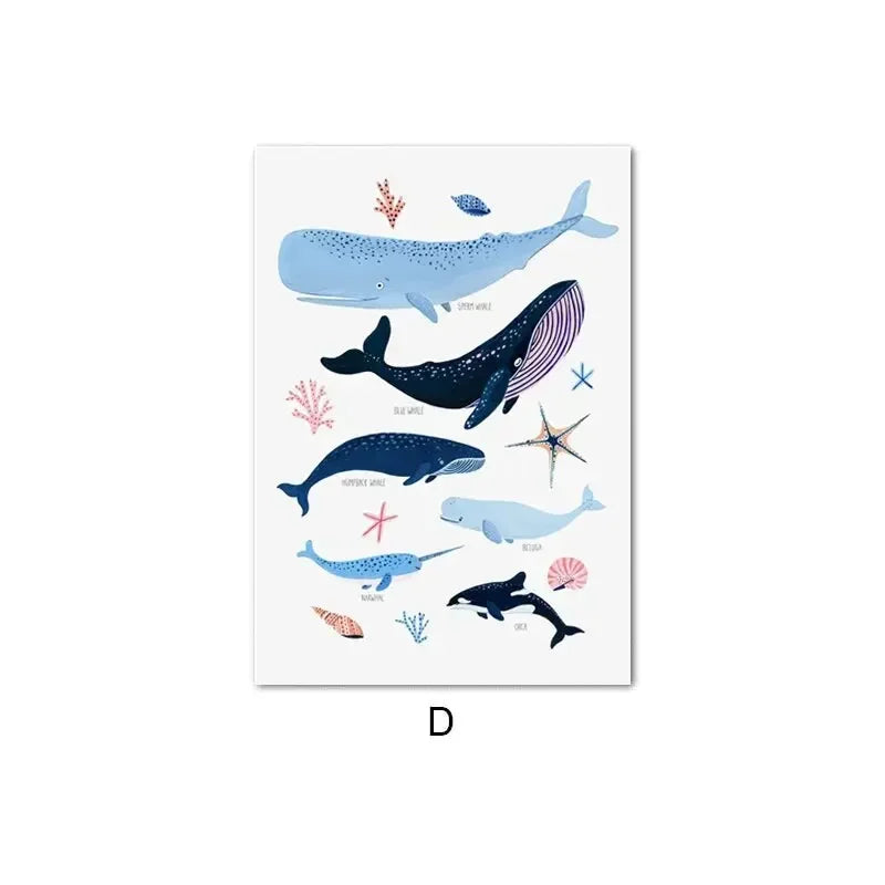 Nordic Ocean Sea Creatures Canvas Wall Art – Whale Starfish Print Canvas Wall Art Qst P1 30x40cm Unframed