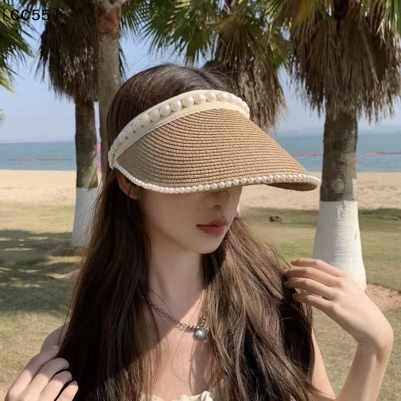 Women's Pearl Raffia Straw Beach Hat – Open Top Sun Hat Straw Sun Hat Qst