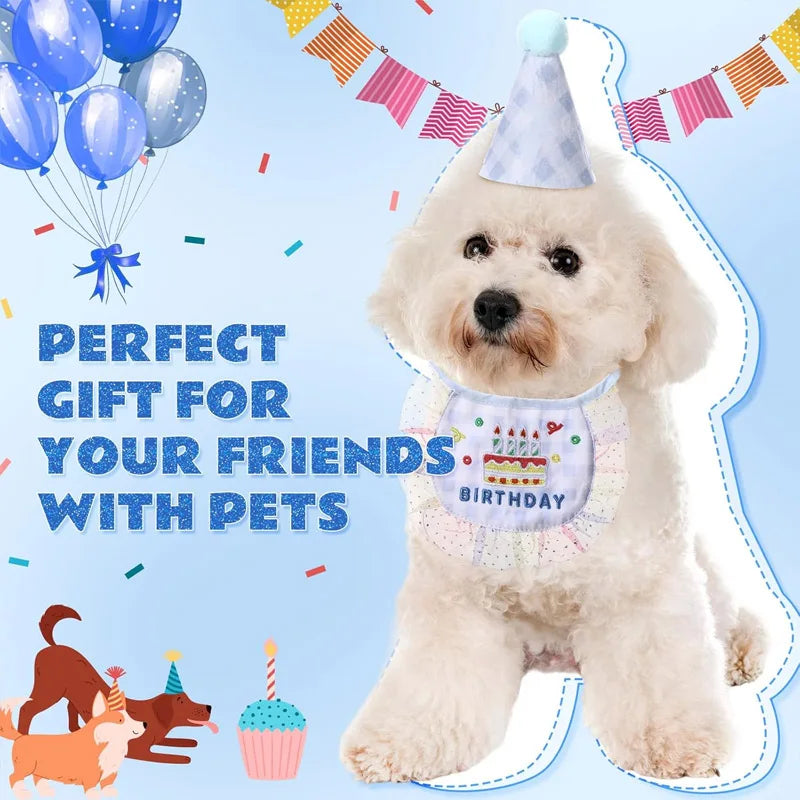 2-Piece Pet Birthday Hat & Scarf Set – Cute Embroidered Cat Pet Party Costume Set Qme