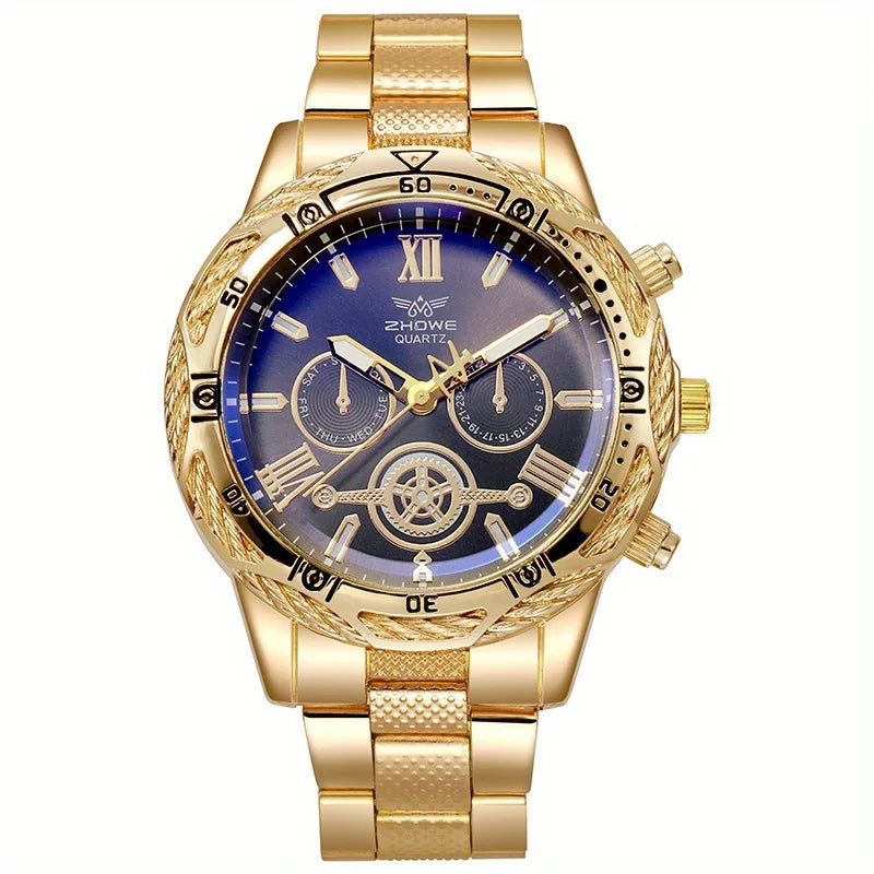 Men's Gold Iced Out Chronograph Watch & Cuban Link Chain Set Jewelry Watch Set Qme
