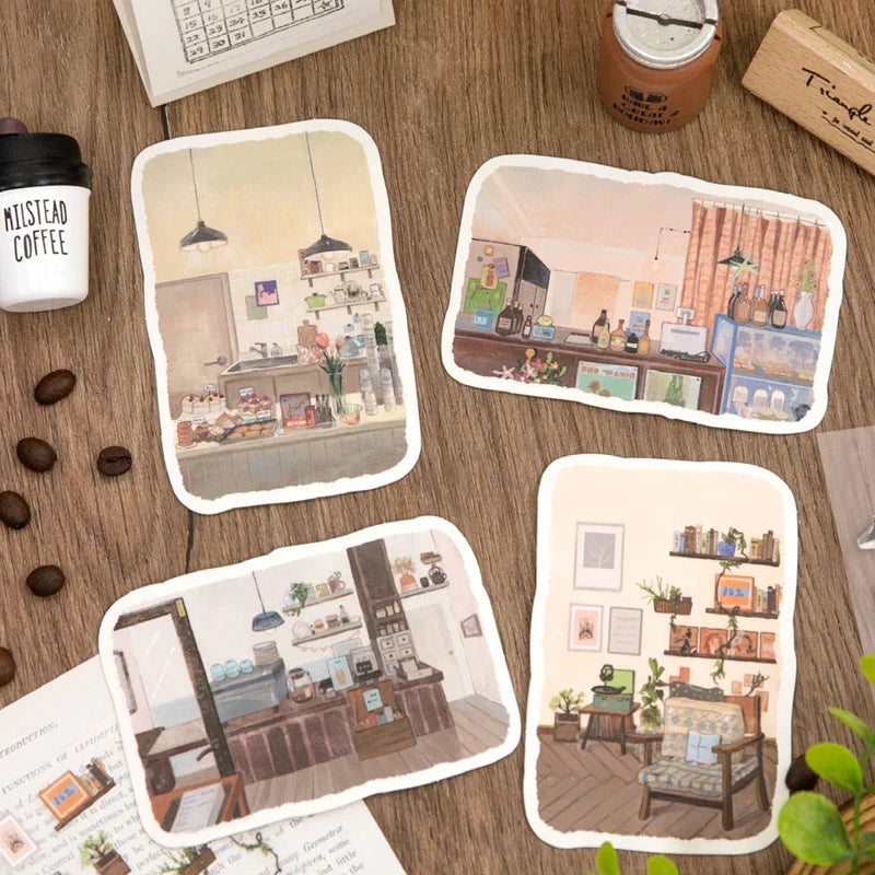 Cozy Home Illustration Stickers – 4 Bag Set for Journaling Decorative Sticker Pack Qme