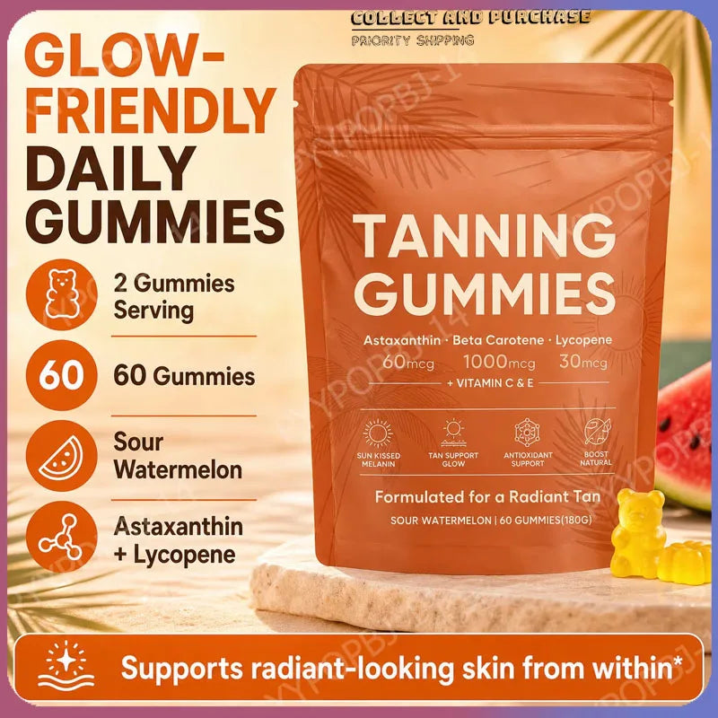 Tanning Gummies Sour Watermelon – 60ct Vegan Sugar-Free Tanning Supplement Gummies Qst